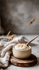 Creamy yogurt topped with crunchy granola sits in a rustic jar on a wooden board, inviting breakfast lovers to enjoy a wholesome morning meal in a cozy kitchen atmosphere