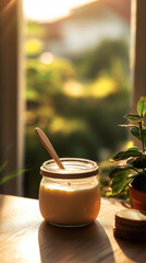 A jar of honey sits on a wooden table beside a small plant, bathed in the soft glow of morning sunlight, evoking a tranquil breakfast atmosphere