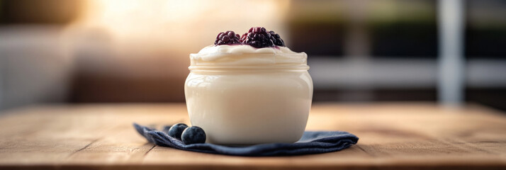 A jar of yogurt sits on a wooden board next to biscuits, creating a pleasant breakfast display in a warm, sunlit kitchen. The atmosphere is inviting and cozy, banner