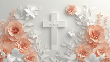 Elegant 3D paper cut white cross and flowers design for modern wall mural art