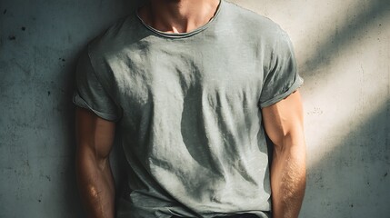 Muscular man in a gray t-shirt leaning against a concrete wall in sunlight