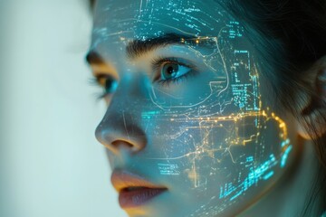 A woman's face overlaid with a futuristic digital map, symbolizing the merging of technology and humanity.