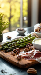 A breakfast board displays an inviting assortment of fresh cheese, cured meats, roasted asparagus, and pecans. The setting includes natural light streaming through a window