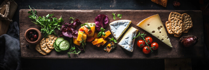 A beautifully arranged breakfast board showcases a creamy cheese, fresh cucumbers, cherry tomatoes, assorted fruits, and crunchy crackers, perfect for a delightful morning meal, banner