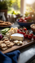 Delicious breakfast board featuring cheese, tomatoes, and fresh vegetables on a table by a sunlit window