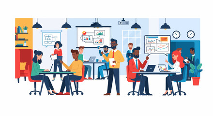 Diverse team collaborating in a modern office space analyzing data and charts.