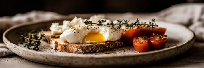 Breakfast board display includes poached egg with runny yolk, fresh cherry tomatoes, creamy cheese, and herbs arranged on rustic bread. Perfect for a morning feast, banner
