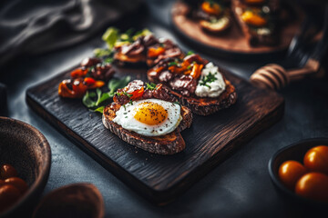 A beautifully arranged breakfast board showcases toasted bread topped with a fried egg, creamy avocado, vegetables, and vibrant roasted tomatoes, perfect for morning enjoyment