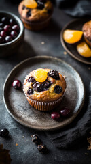 Scrumptious muffins adorned with cream frosting and seasonal fruits sit on a wooden board, showcasing vibrant colors that embody the holiday spirit and festive mornings