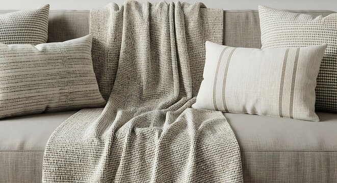 Cozy gray throw pillows and blanket on couch