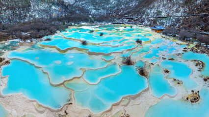 Aerial shots of Huanglong national park, China.