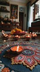 The Indian house is decorated with intricate rangoli ornaments, oil lamps and decorative flowers for Diwali, which enhances the atmosphere of festive events and creates