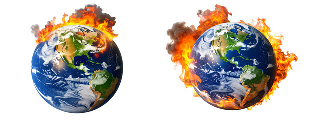  Burning Earth Globe with Flames and Smoke, Isolated on Transparent Background PNG