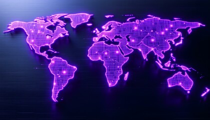 World map made of glowing circuits and nodes, representing worldwide technology infrastructure, sleek dark background.