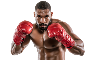 Powerful boxer in fighting stance, ready to strike.