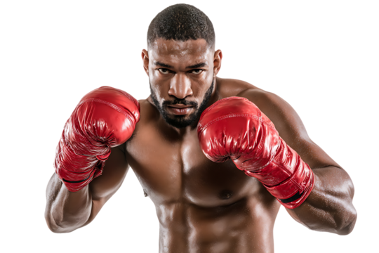 Powerful boxer in fighting stance, ready to strike.