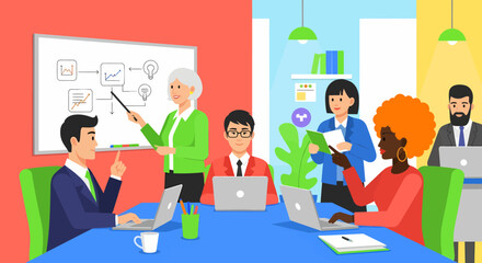 Diverse team collaborating in a vibrant office setting using laptops and discussing charts.