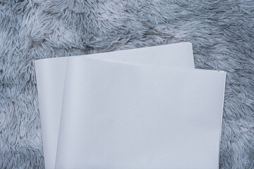 Two newspaper mockups with blank folded paper lying on a fluffy gray carpet. Layout for showcasing...