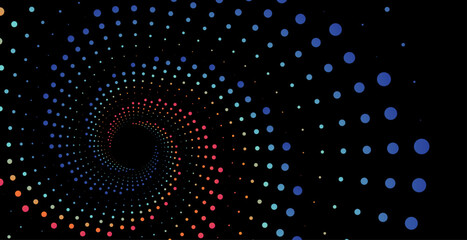 Abstract spiral background with colorful gradient dots forming a tunnel effect on a black backdrop.