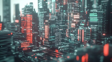 Digital cityscape with glowing circuitry.