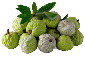 Fototapeta premium Fresh custard apples with green leaves piled together isolated on transparent background
