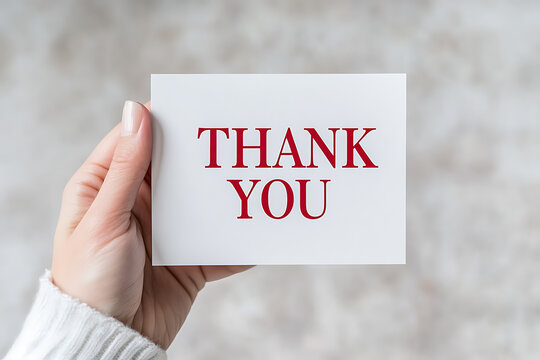 A hand holding a thank you card. Simple gesture expressing appreciation. Red text on white card. Sincere thanks for kindness and generosity.