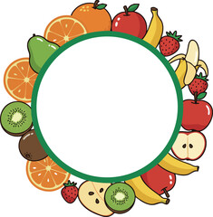Fototapeta premium Colorful fruit wreath frame with apples bananas oranges kiwi and strawberries vector illustration 