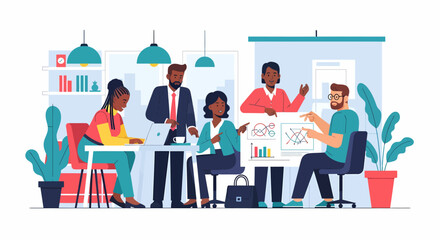Diverse team collaborating on charts and graphs during a business meeting.