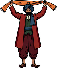 Obraz premium Traditional man in cultural attire holding orange scarf above head vector illustration 