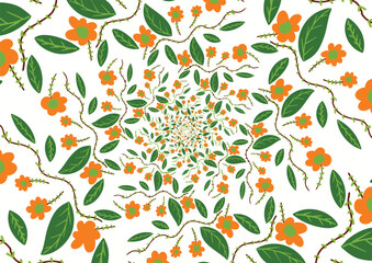 A swirling, hypnotic pattern of orange flowers and green leaves on a white background, creating a vibrant, dizzying floral design.