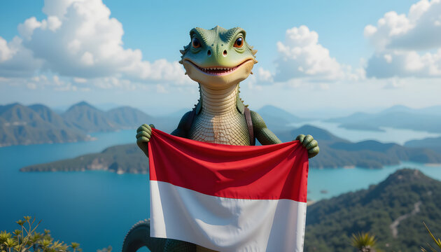 Cute cartoon lizard holding Indonesian flag on padar mountain viewpoint with blue sky and ocean in background.