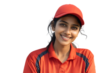 Smiling delivery woman in red uniform