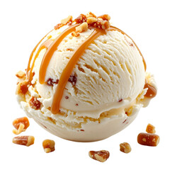 Vanilla Ice Cream Scoop with Caramel Bits, Three-Quarter View, isolated on a white background PNG