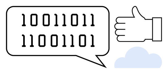 Binary code in speech bubble with thumbs-up gesture and cloud conveys communication, technology, data. Ideal for computing, feedback, AI, cloud service, innovation, digital systems simple landing