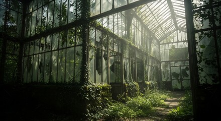 Abandoned Greenhouse Overtaken by Nature with Broken Glass and Overgrown Plants