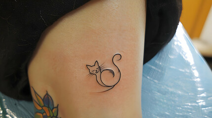 Small, minimalist tattoo of a cat.  Simple line art design depicts a relaxed, curled-up feline on a person's leg