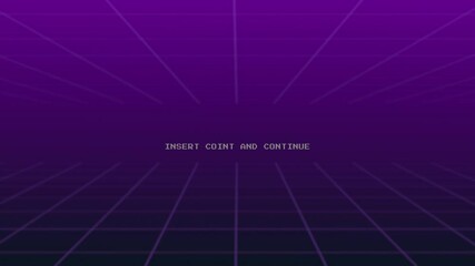 Purple grid background with press start, insert coin & continue text. Perfect for retro gaming websites or arcade-themed designs - Powered by Adobe