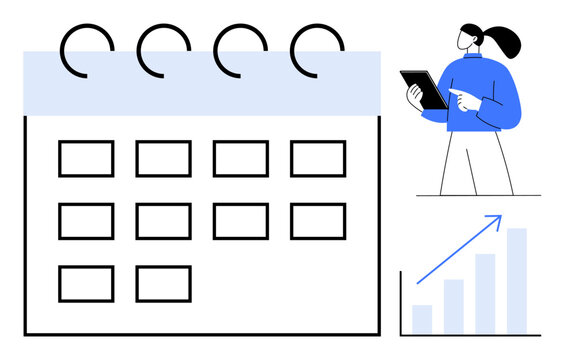 Calendar planning page, bar graph with upward trend, person holding tablet. Ideal for productivity, scheduling, time management, analytics, strategy, progress tracking simple landing page