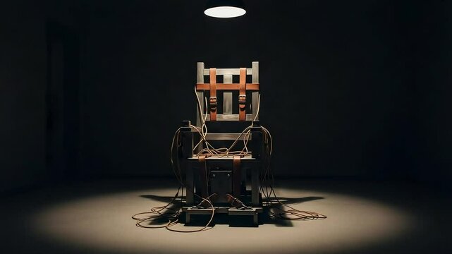 An ominous electric chair stands illuminated by a single spotlight in a dark, empty room.