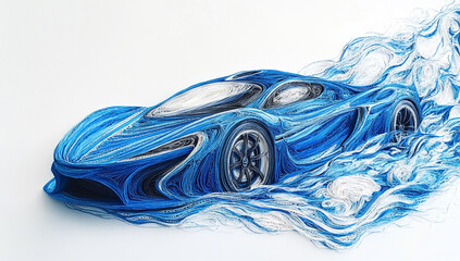 Paper quilling blue hypercar with dynamic swirls and curves on white background