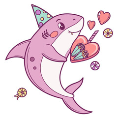Candy Shop themed SVG: Relaxed Shark with holding a heart in a Birthday environment