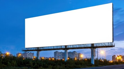 Fototapeta premium Empty advertising billboard under the dusk sky with city lights around, ideal for promotional content, marketing display, or advertising space concepts