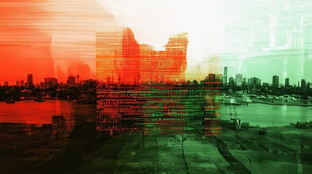 Urban landscape with a digital glitch effect.
