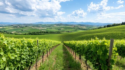 Naklejka premium Expansive View of Lush Vineyards Under a Bright Blue Sky with Fluffy Clouds and Rolling Green Hills in the Background