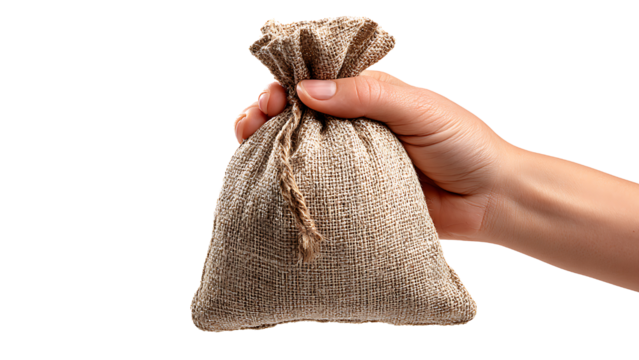 hand holding money bag on transparent background PNG