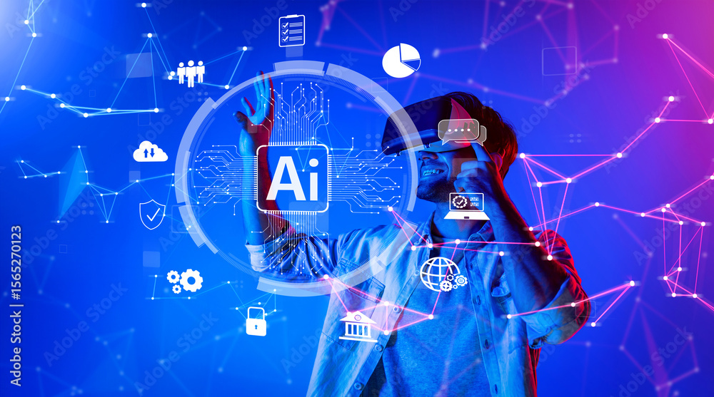 Poster a man explores the world of artificial intelligence in a vibrant virtual space, engaging with visual