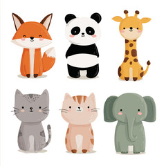 Fototapeta premium Vector Cartoon Animal Collection Featuring Fox, Panda, Giraffe, Cat, and Elephant with Simple Outlines in Sticker-Ready Style