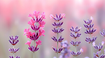 Obraz premium Delicate pink and purple lavender blossoms in soft focus. Close up view of flowering stems