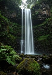 Obraz premium Tall forest waterfall cascading over mossy rocks with misty base