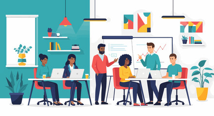 Diverse Team Engaged in Collaborative Business Meeting with Data Analysis Presentation.